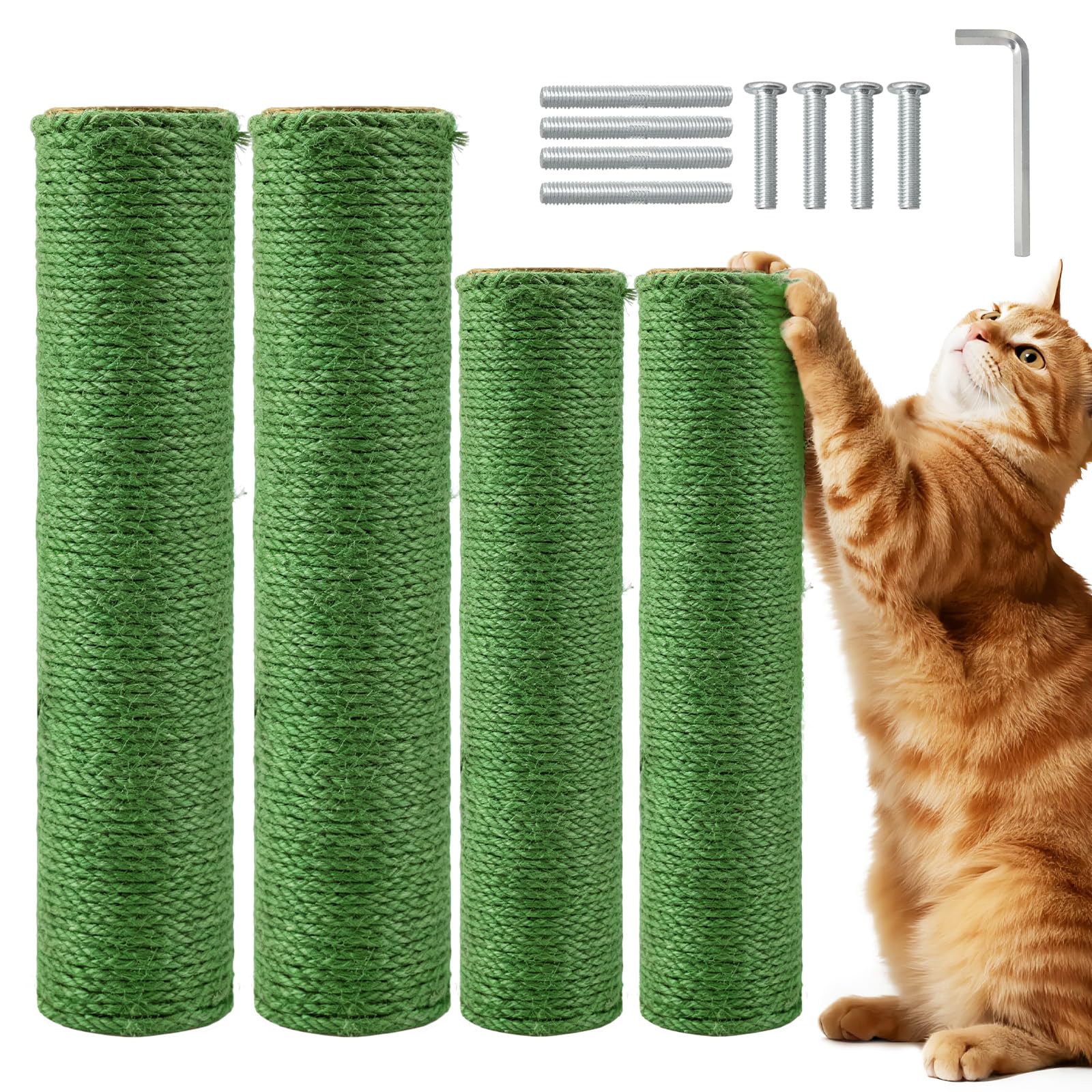 Photo 1 of 4 Pack Cat Scratching Post Replacement, 11.8 x 2.7 Inch Sisal Poles with M8 Screws, Refill Parts for Indoor Cat Towers and Furniture Repair-Green