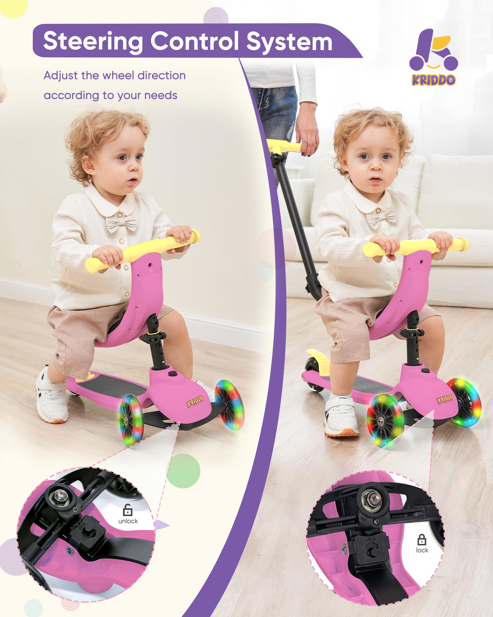 KRIDDO 3-in-1 Scooter for Kids Ages 1-5 Years Old, Folding Scooter with 3 Lighted Wheels, Wide Standing Board, Adjustable Height, Learn-to-Steer Handlebar, for Indoor and Outdoor