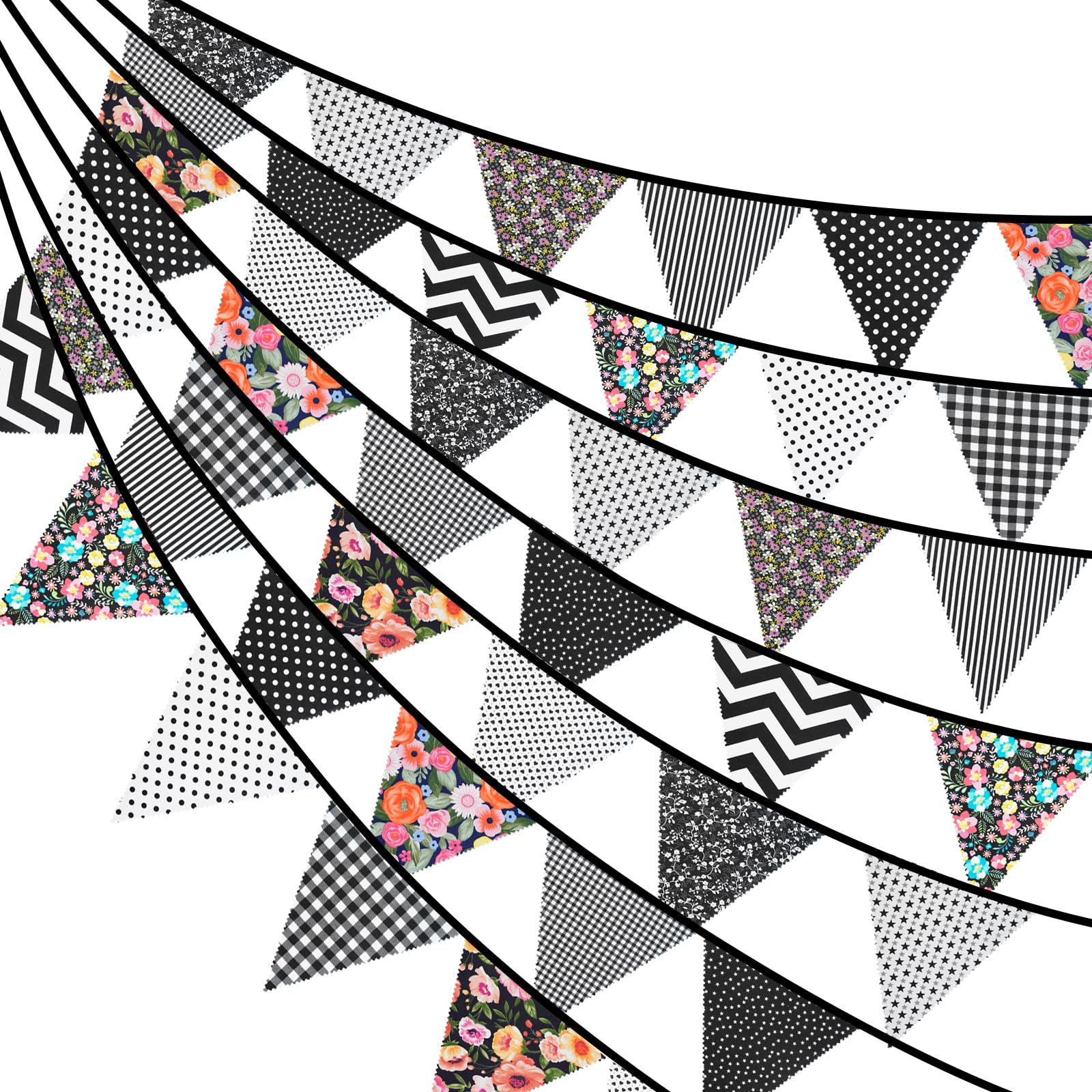 G2PLUS 36PCS Double Sided Fabric Bunting, 10M Black Floral Cotton Banner, 17x19CM Large Triangle Garland Reusable for Indoor and Outdoor Party Decoration