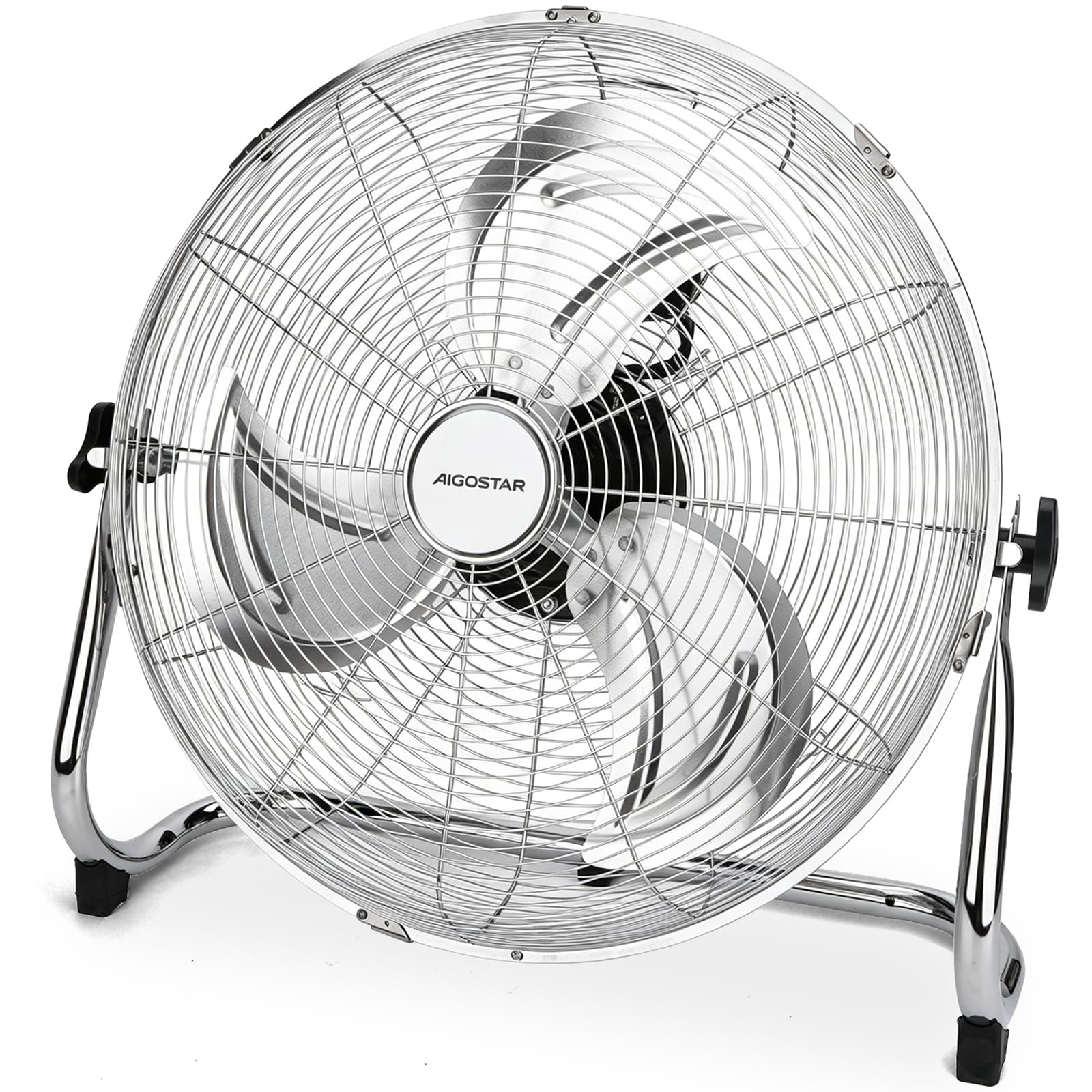 Aigostar Clover – XXL 54cm Retro Windmaschine, Starker Ventilator Groß, Bodenventilator mit Metall Chrom, Neigbarer Kopf (120°), 3 Stufen, Leise Standventilator, Industrie Ventilator 100 Watt, Silber