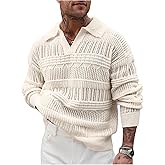 BEAUDRM Men's Cable Knit Sweater Crochet Collar V Neck Sweaters Long Sleeve Chunky Pullover Sweaters