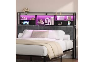 Hzuaneri Headboard with 3-Tier Storage Shelves, Velvet Upholstered Head Board with 2 Outlets, USB Ports & LED Light, Soft Backrest for King Size Bed, Black BH19404B