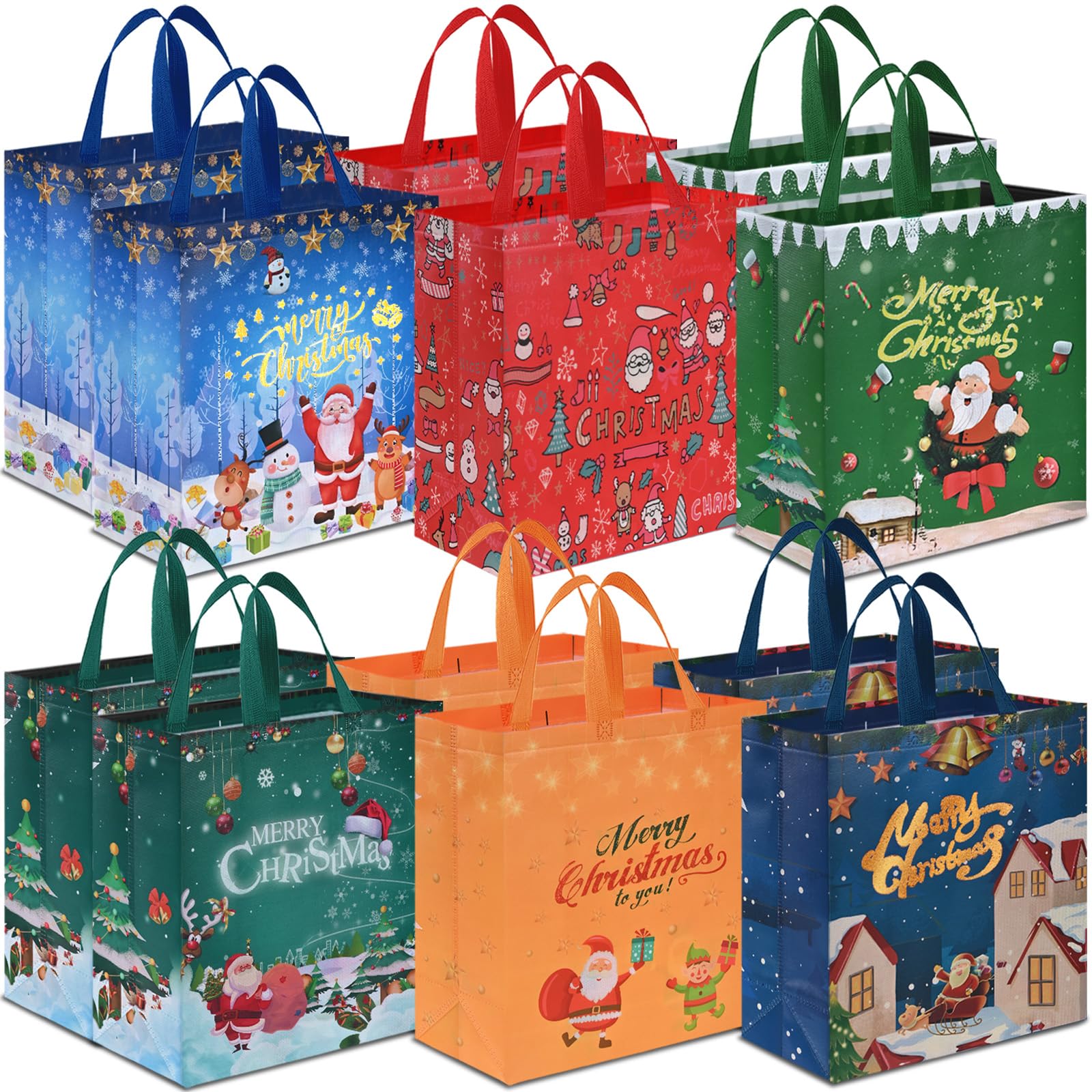 AhfuLife Extra Large Christmas Bags for Gift, 38 x 35 x 15cm, 12pcs Xmas Gift Tote Bags with Handles, Reusable Multipack Non-woven Christmas Treat Shopping Bags, Xmas Party Favor Bags Decorations