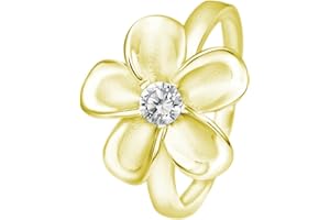 ALOHA JEWELRY COMPANY 925 Sterling Silver 15mm Hawaiian Plumeria Flower Ring with Cubic Zirconia, 14K Gold Plated, Nickel Free Hypoallergenic for Sensitive Skin, Hawaii Island Jewelry, with Gift Box
