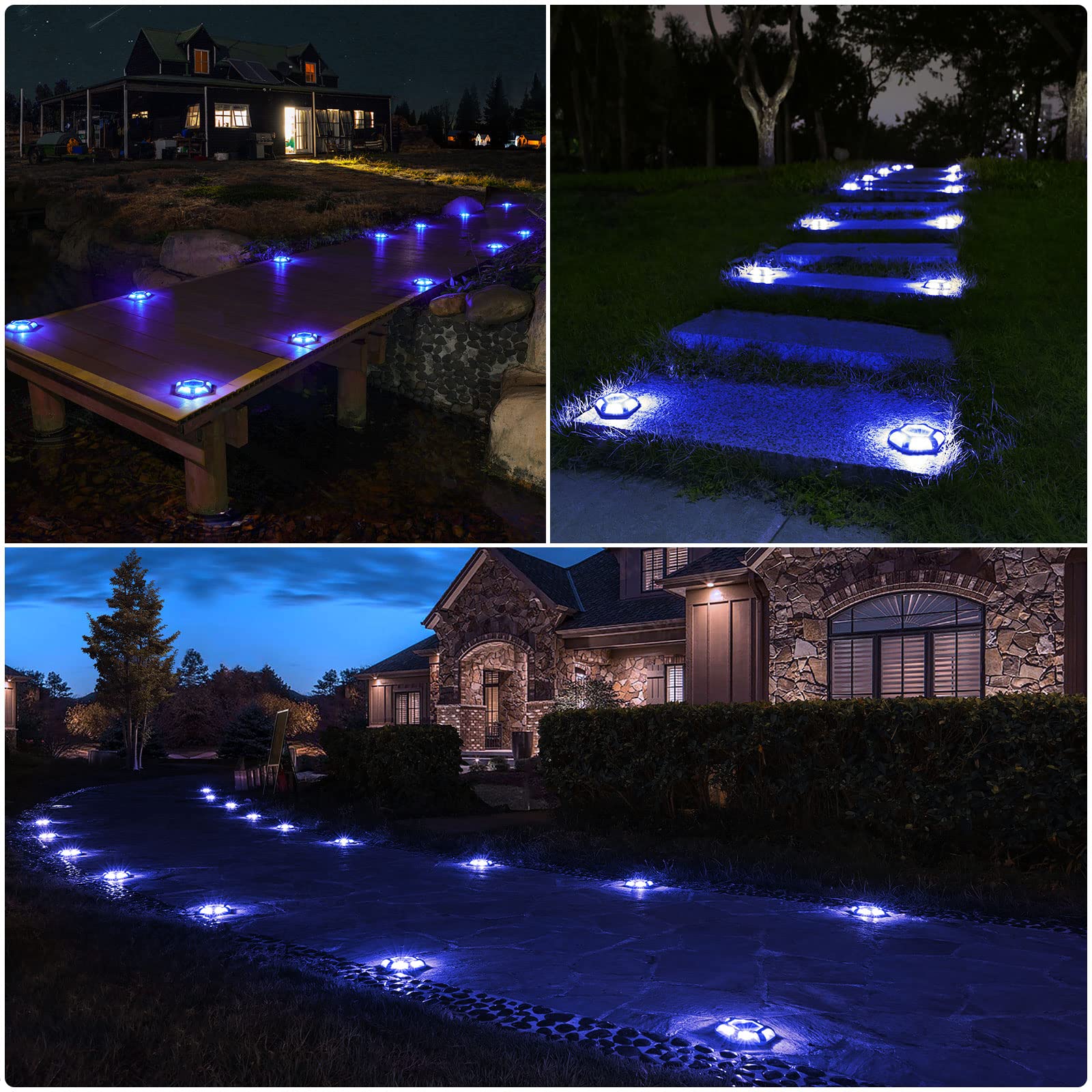 VOLISUN Solar Dock Lights 12-Pack — Waterproof Aluminum LED Step Lights For Driveway, Deck, Garden & Pathway, Blue + White Dual Color
