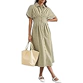 MSBESYOR Women Button Front Pleated Shirt Maxi Dress Summer Striped Prints Short Sleeve Collar Casual Long Dresses