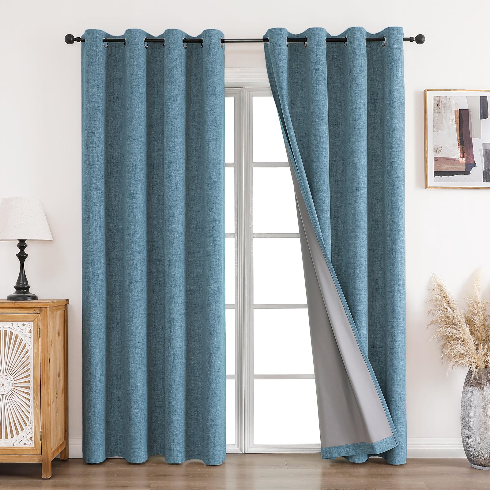 CUCRAF 100% Blackout Curtains Light Blue 90 Inch Drop 2 Panels Soft Texture Sun Blocking Thermal Eyelet Curtains for Bedroom Living Room 46 X 90 Inch