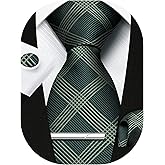 HISDERN Plaid Ties for Men Classic Checkered Tie and Pocket Square Cufflinks Tie Clip Set Woven Men's Necktie Business