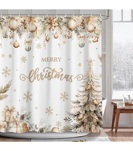 Huzuya Merry Christmas Shower Curtain - Golden Snowflake Waterproof Bathroom Decor, 72x72 Inch With Hooks, Holiday Seasonal