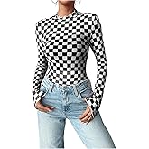 Floerns Women's Checker Print Long Sleeve T Shirts Sheer Mesh Plaid Print Tops
