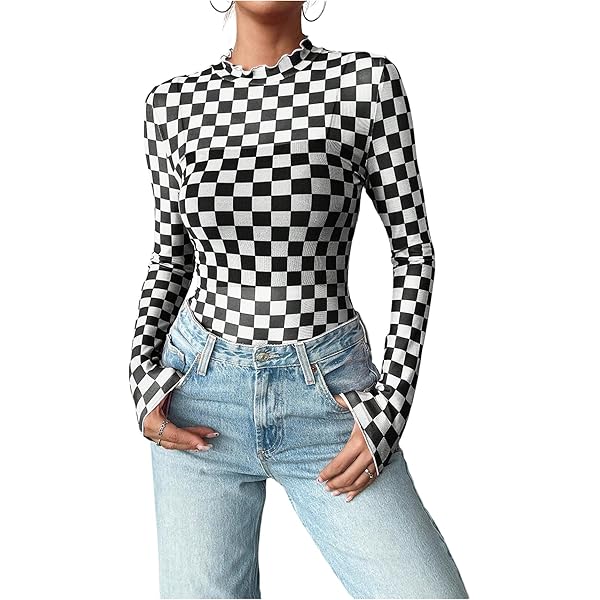 J JOYSAY Checkerboard Plaid See Through Tops for Women Mesh Sheer