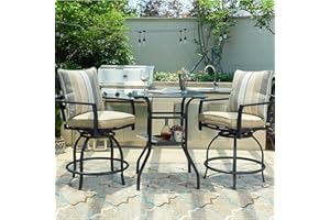 PatioFestival 3 Pcs Outdoor Height Bistro Chairs Set Patio Swivel Bar Stools with 2 Yard Armrest Chairs and 1 Glass Top Table,All Weather Steel Frame Furniture (Chairs&Table Set)