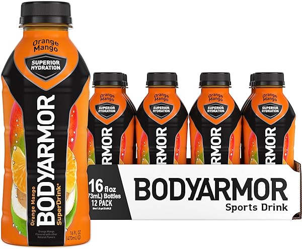 BODYARMOR SPORTS DRINK SPORTS BEVERAGE, ORANGE MANGO, COCONUT WATER HYDRATION, NATURAL FLAVORS WITH VITAMINS, POTASSIUM-PACKED ELECTROLYTES, PERFECT FOR ATHLETES, 16 FL OZ (PACK OF 12)