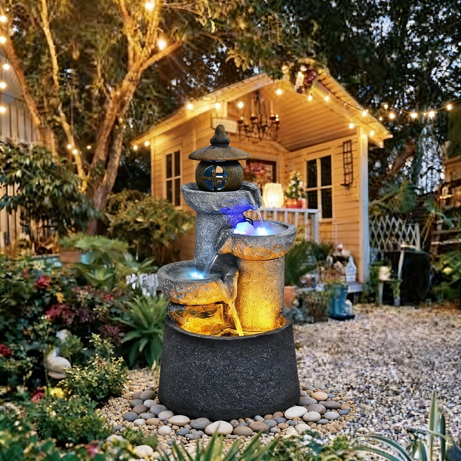 Qingyignge 27” H Modern Outdoor Fountain 2 Crocks Outdoor Garden Fountains LED Light for Garden, Patio, Deck, Porch, Backyard and Home Art Decor