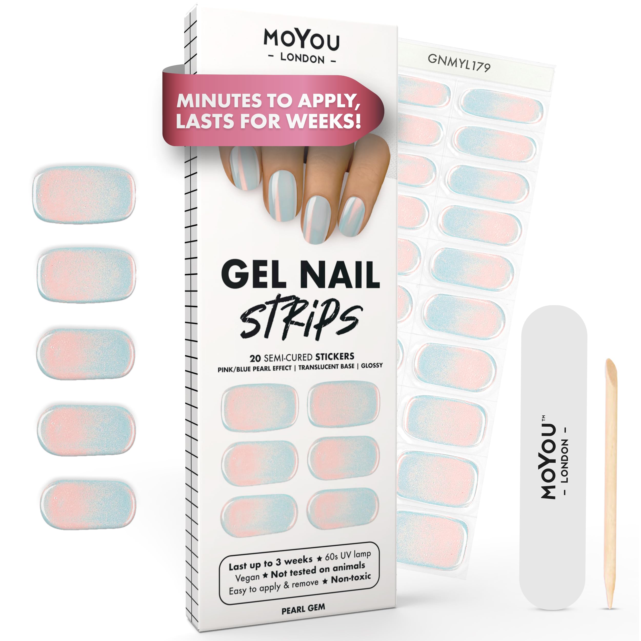 MOYOU LONDON Semi Cured Gel Nail Strips - 20 Pcs. Waterproof Gel Nail Wraps, Cures in Sunlight or UV/LED Lamp, Lasts Up to 2+ Weeks, Stretchable, Easy to Apply & Remove, Vegan & Cruelty-Free