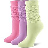 FITRELL Slouch Crew Socks for Women, Pre-sewn Slouch Look Soft Cotton Mid Calf Retro Cute Socks 3 Pairs (Can't Straighten)
