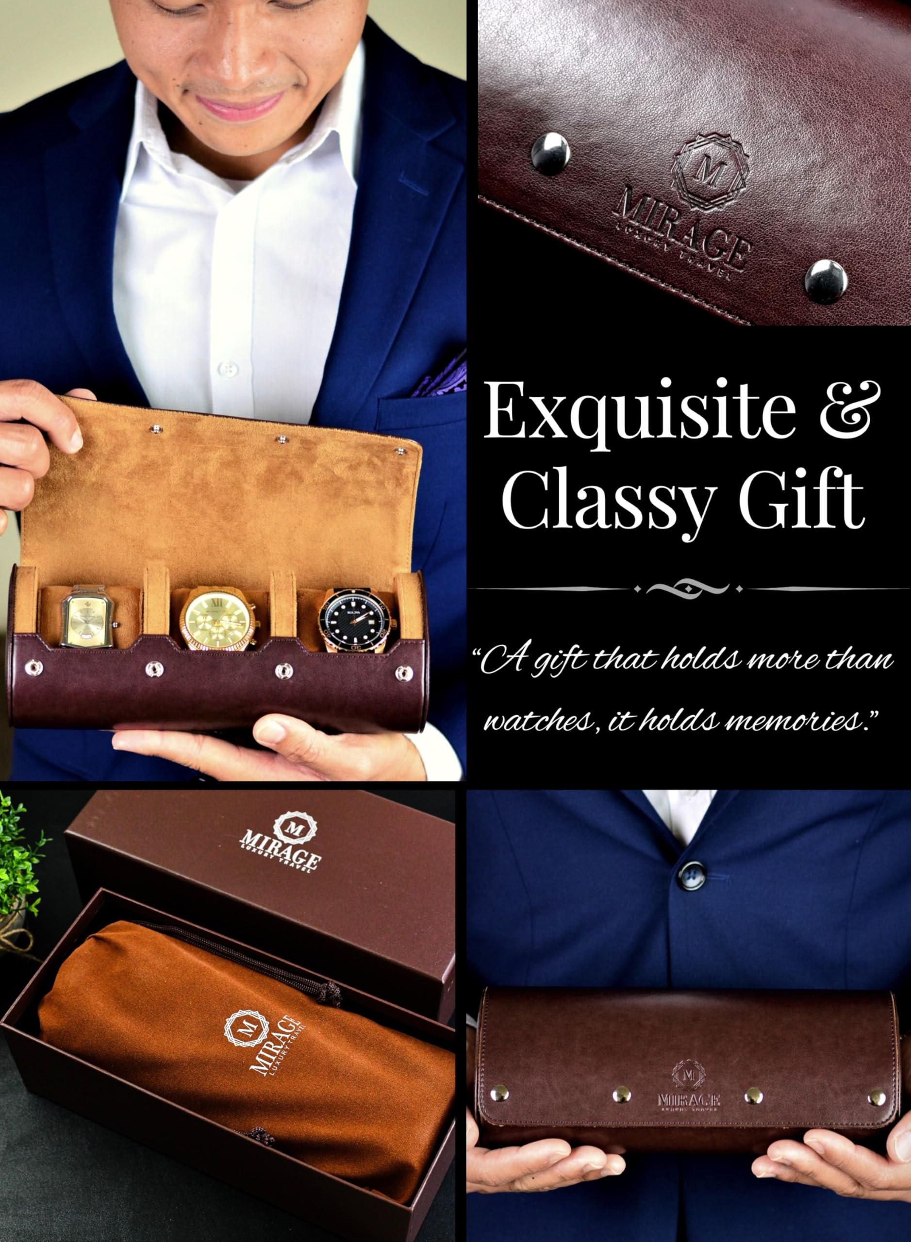 M Mirage Luxury Travel Watch Travel Case for Men Watch Roll for Travel Organizer and Display Watch Case - Swiss Espresso Vegan Leather Watch Case