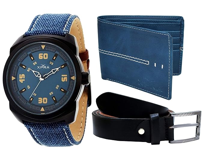Faux Leather Blue & Black Analog Watch, Wallet & Belt Combo for Men