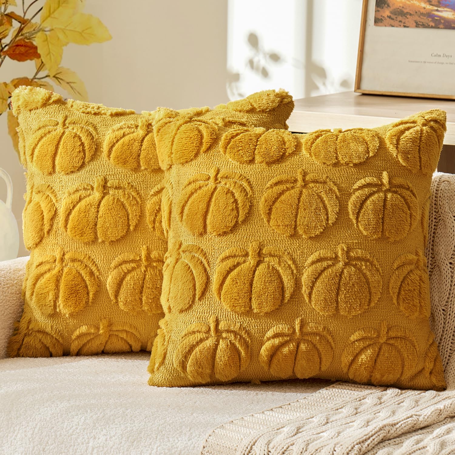 Photo 1 of MIULEE Fall Throw Pillow Covers 18x18 Set of 2 Autumn Decorations Mustard Yellow Pumpkin Accent Pillowcase for Outdoor Porch Sofa Couch Bed Living Room Plush Faux Fur Halloween Farmhouse Home Decor