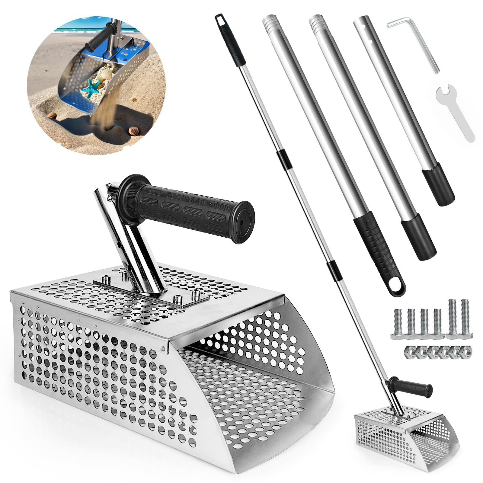 Photo 1 of Sand Flea Rake - 51" Long Handle Sand Scoop - Detection Tool with Anti Slip Handle Heavy Duty Stainless Steel Metal Detecting Sand Scoop with Long Handle Ideal for Underwater Treasure Hunting
