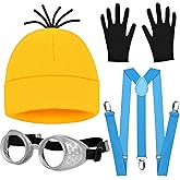 itswordpiz Halloween Costumes for Women Adult, 3PCS Steampunk Goggles Yellow Beanie Hat & Black Gloves and Blue Suspenders for Men Women Funny Halloween Costumes Cosplay Party Set
