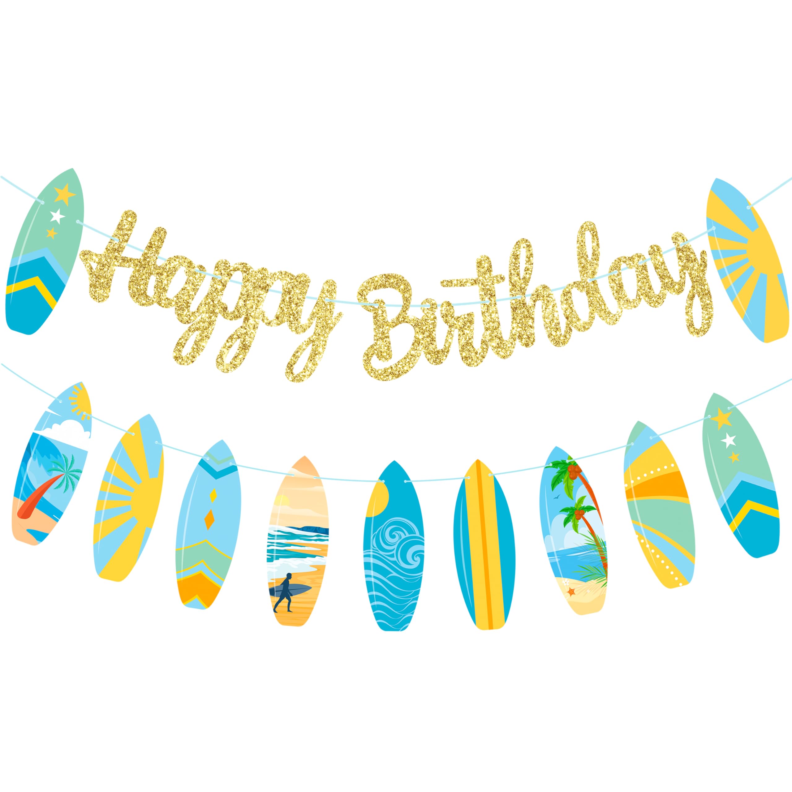 Photo 1 of Surfboard Birthday Banner Gold Glitter Summer Beach Surf Party Decorations Summer Surfing Birthday Banners for Tropical Hawaiian Beach Decoration Swimming Pool Hawaii Party Supplies