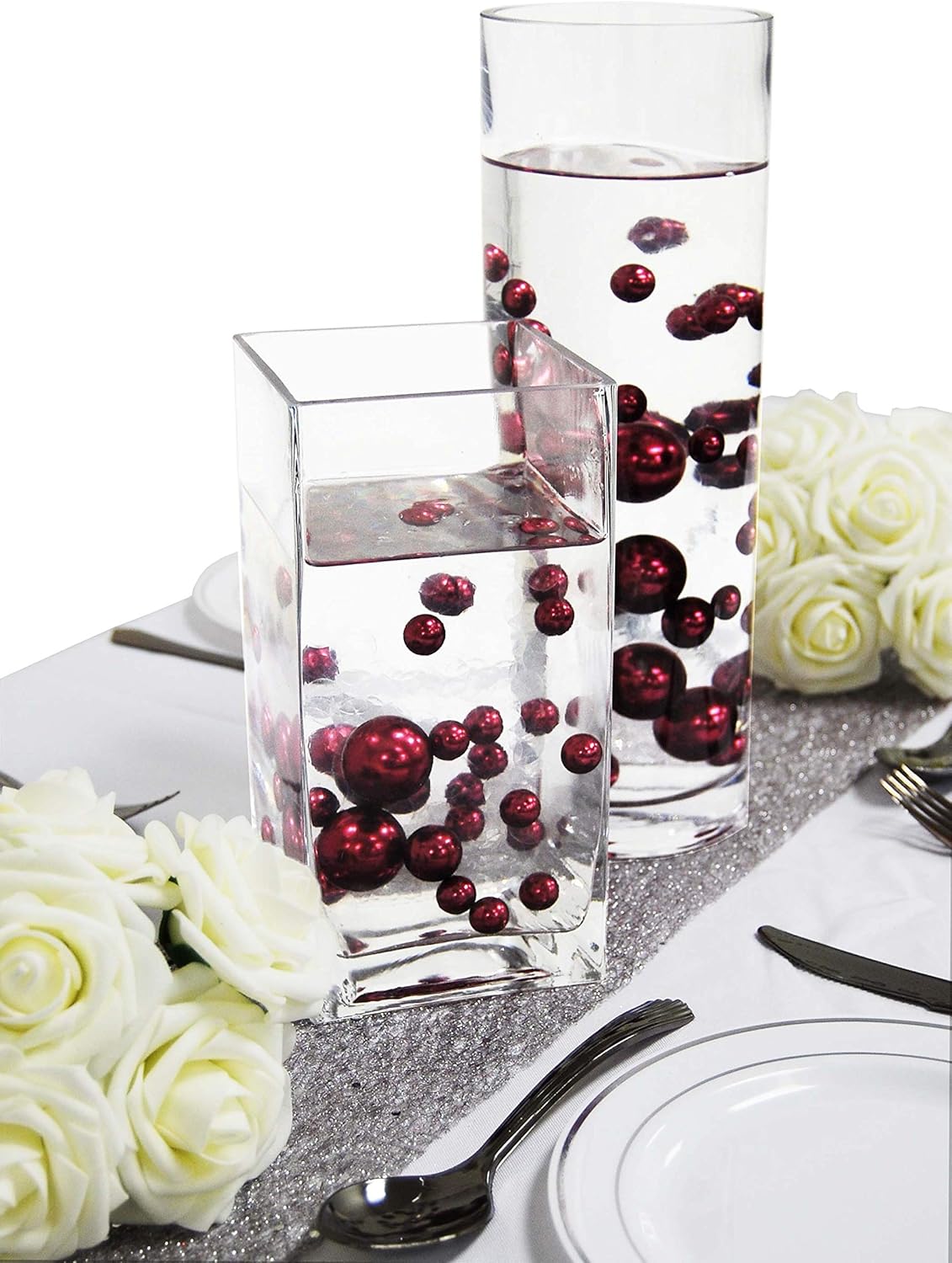 Vase Fillers - Evershine - Magical Vase Filler Beads - No Hole Assorted Size Pearl with Jelly Beads. (Burgandy)