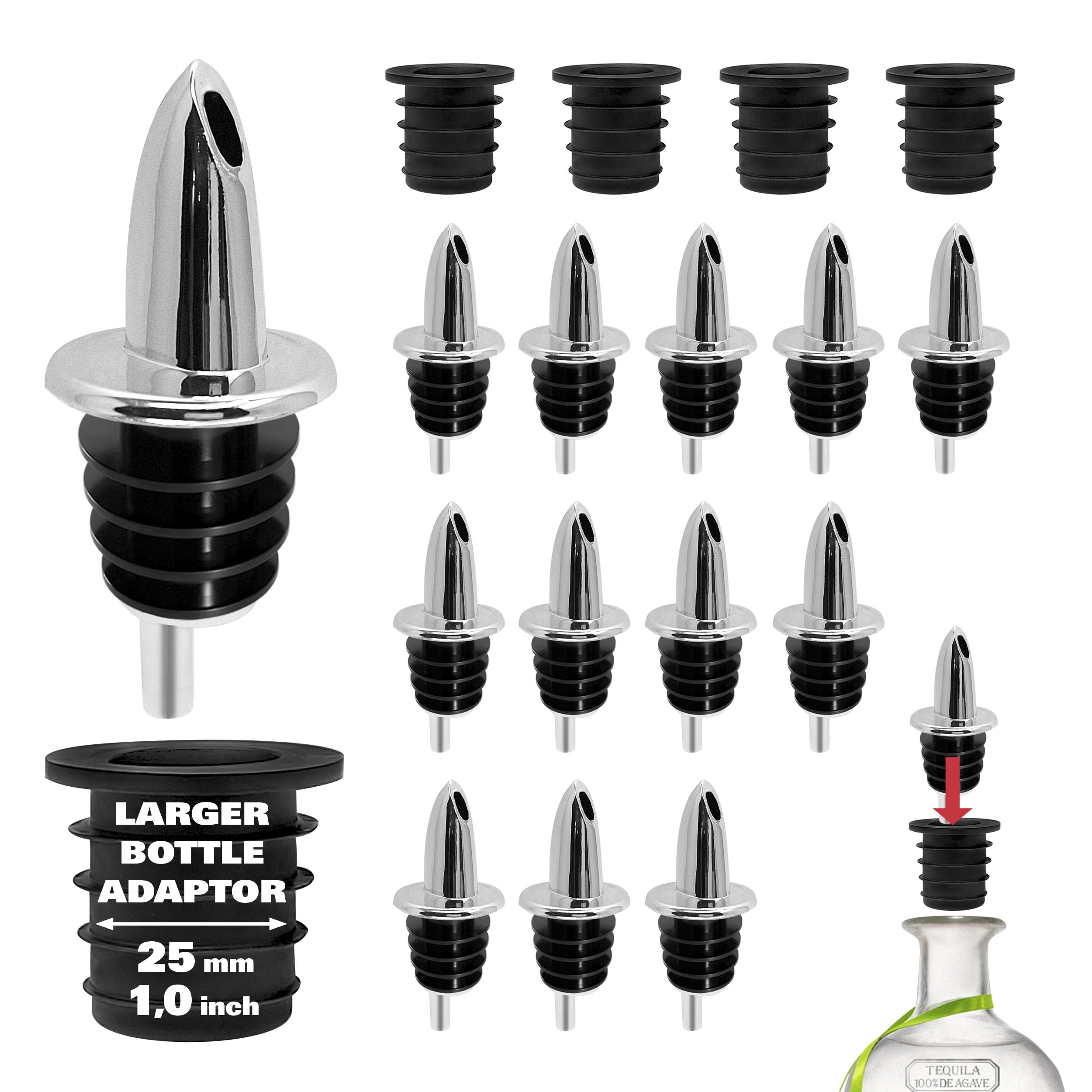 Photo 1 of ESATTO 12 Pack Classic Chromed Bottle Pourers, Liquor Pourers for Alcohol, Olive Oil, Bartender Accessories Includes 4 Liquor Pourer Adapters for Large Neck Bottles such as Patron Don Julio Tequila