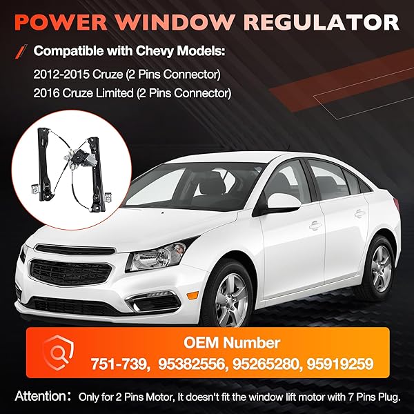 751-739 FRONT LEFT DRIVER SIDE POWER WINDOW REGULATOR WITH MOTOR(2 PINS) ASSEMBLY COMPATIBLE WITH 2012-2015 CHEVY CRUZE,2016 CRUZE LIMITED REPLACE# 95382556, 95265280, 95919259