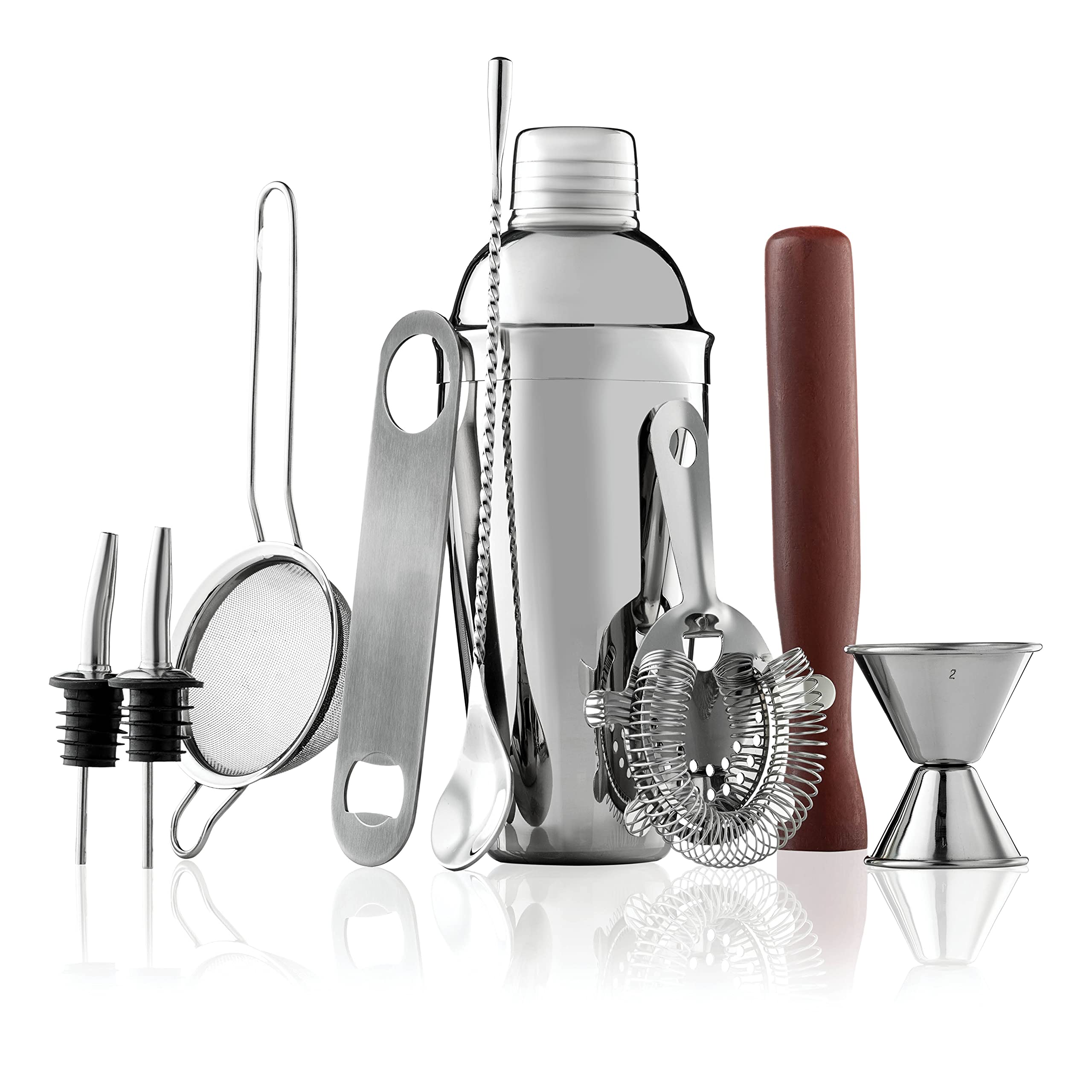 FineDine 10-Piece Cocktail Shaker Set with Travel Bag - Stainless Steel Shaker Set Bartender Kit - Mixology Bartender Kit - Strainer, Muddler, Jigger, Bar Spoon, Bottle Opener, Pour Spouts - Bar Set