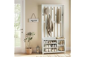 VASAGLE Hall Tree with Bench and Shoe Storage, Coat Rack with Shoe Bench, 7 Double Hooks for Jackets, Hats, Entryway, Bedroom, Living Room, 13.8 x 31.9 x 70.9 Inches, Rustic White UHSR414W01