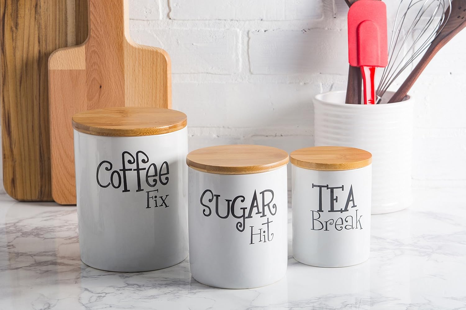 DII Modern Chic Ceramic Kitchen Canister with Bamboo Lid for Food Storage, Serve Coffee, Sugar, Tea, Spices, and More White, Assorted Sizes: 4.5x4.5x5.5, 4x4x4.5”, 3x3x4: Home & Kitchen