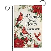 Heyfibro Cardinal Christmas Flowers Poinsettia Garden Flag 12x18 Inch Double Sided Burlap, Always Loved Never Forgotten Memorial Yard Flag for Winter Xmas Cemetery Outdoor Decoration(ONLY FLAG)