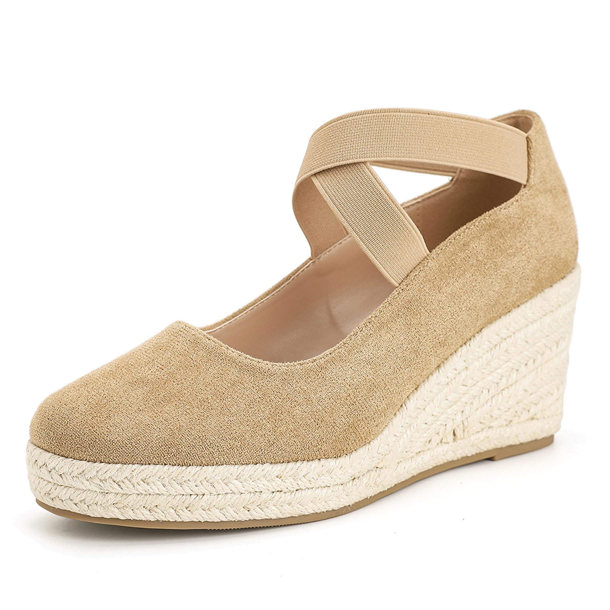 Photo 1 of Womens Espadrilles Sandals, Closed Toe Platform for Women Slip on Elastic Ankle Strap Casual Comfortable Wedge Sandals (Khaki-suede, Adult, Women, 5.5, Numeric, US Footwear Size System, Medium)