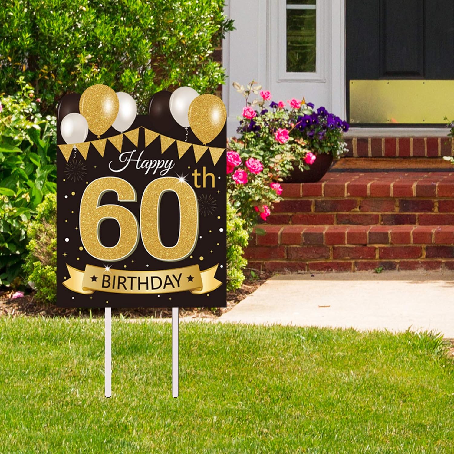 Yard Signs - Large Happy 60th Birthday Party Yard Sign Black Gold 60 Birthday Yard Signs with Stakes and Outdoor Lawn Decorations