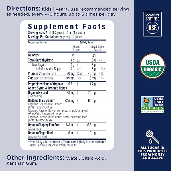 MOMMY’S BLISS KIDS ORGANIC COUGH SYRUP & MUCUS RELIEF FOR NIGHT TIME, AGAVE & HONEY, IVY LEAF, ZINC, VITAMIN C, COUGH SYRUP FOR KIDS, +HERBAL NIGHTTIME BLEND, 4 FL Z