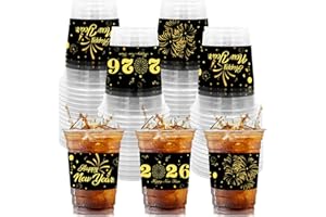 CIEOVO 50 Count New Year Party Cups, 12 oz 2026 Happy New Year Disposable Clear Plastic Party Cups for NYE Party Decoration Supplies Drinkware Beer Beverage Ice Cream Snacks