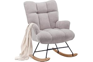 Zedachica Rocking Chair Nursery Teddy Upholstered Glider Rocker Rocking Accent Chair Padded Seat with High Backrest Armchair Comfy Side Chair for Living Room Bedroom Offices (Grey Teddy)