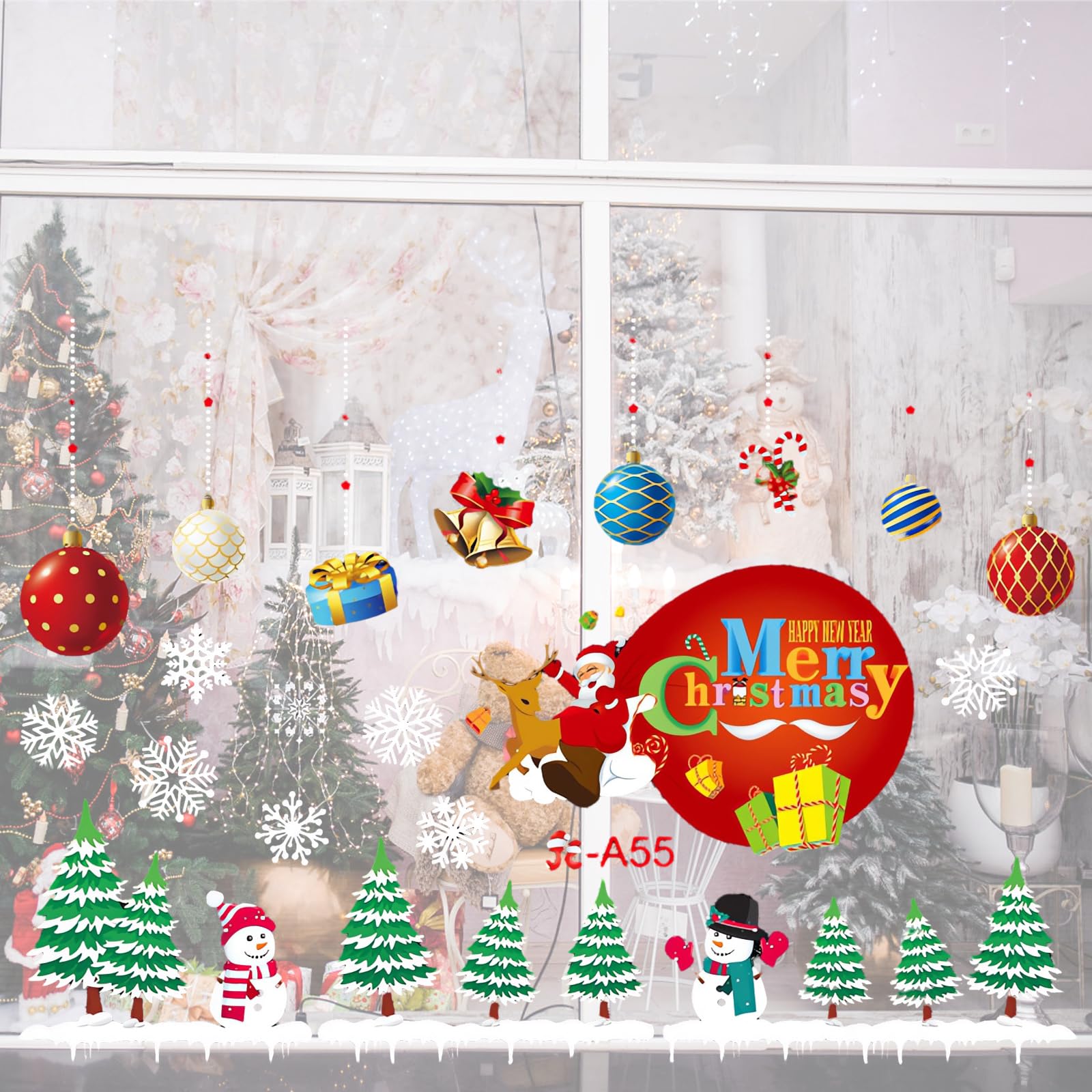 Photo 1 of 2 Sheet Christmas Window Clings Large Window Decal Decorations Xmas Santa Snowman Reindder for Xmas Holiday Home Office School Decorations