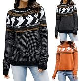NUOLALDH Halloween Sweaters For Women Casual Knitted Cardigan Pullover Sleeve Crew Neck Ghost Graphic Long Sweater
