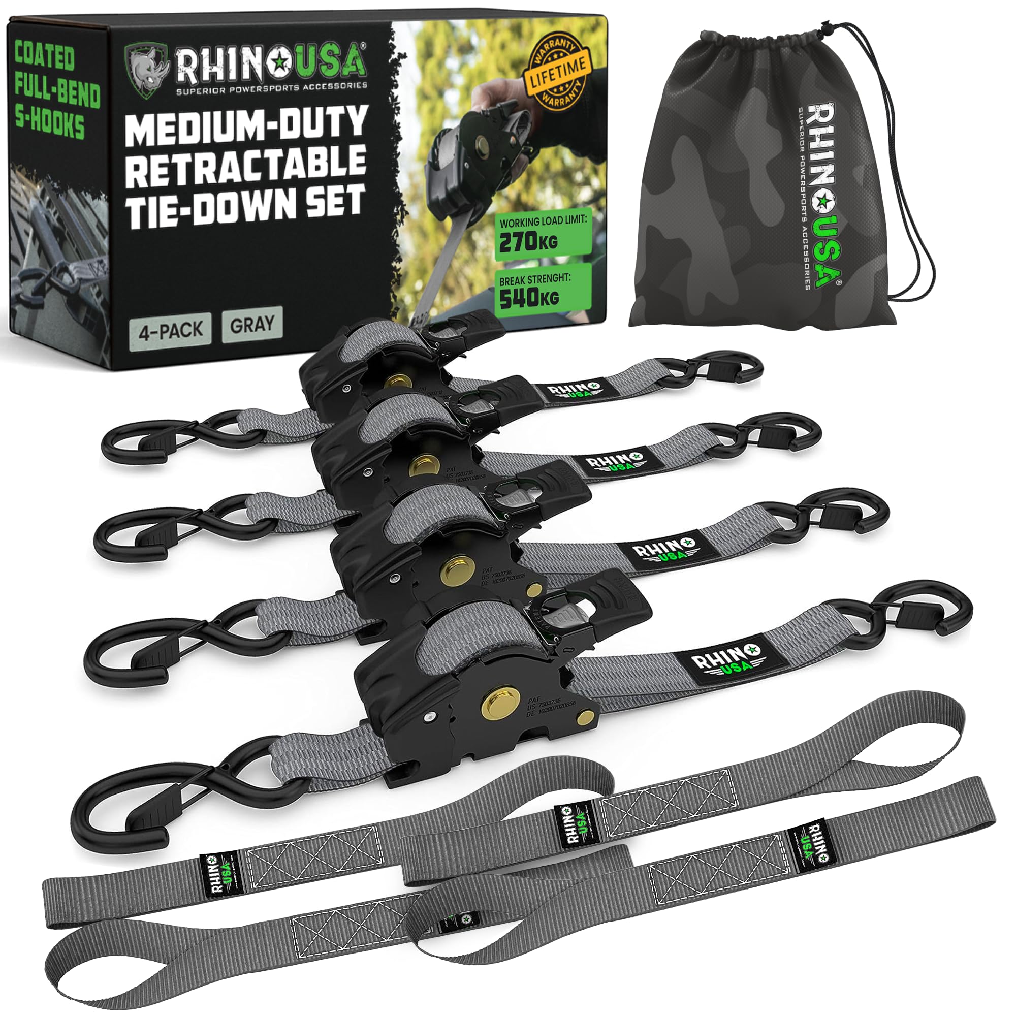 Rhino USA Retractable Ratchet Straps (4-Pack) - 2.5cm x 3m (540kg Break Strength) - Medium Duty Auto Self-Retracting Tie Down Straps for Truck, Cargo Trailer, Motorcycle, Bike & More - Grey