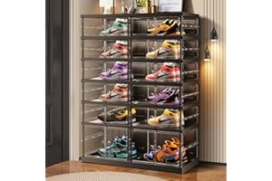 CIMLORD 6-Tier Foldable Shoe Rack for Closet Entryway 12-24Pairs,Stackable Clear Shoe Storage Boxes Organizer with Door Plast