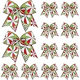 Seematn 12 Pcs Red Green Christmas Bows 6 Inch Christmas Candy Wreaths Bows Xmas Tree Bows Peppermint Grland Ribbon Ornaments for Christmas Tree Home Wedding Indoor Outdoor Party Decor (Elegant)