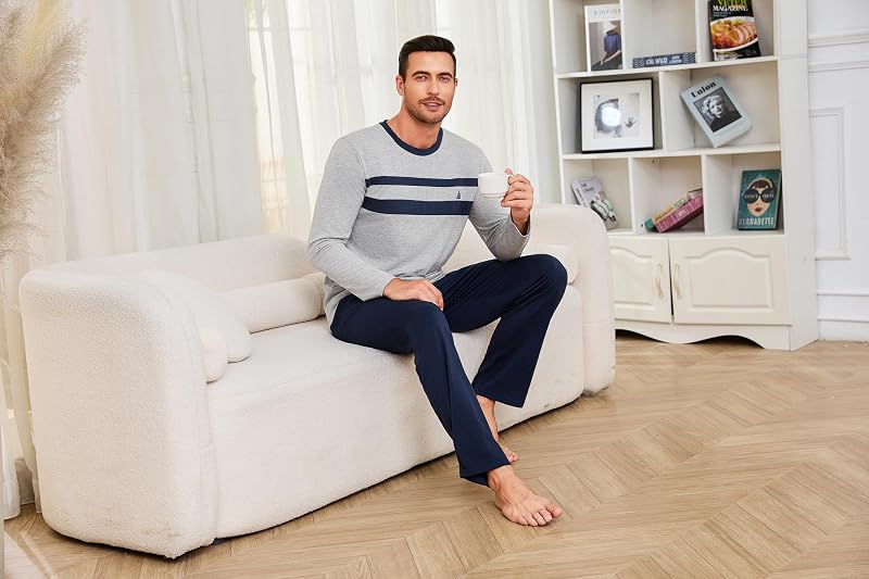 Pyjamas en Coton pour Hommes Pyjamas Longs Deux Pièces Loungewear Pyjama Long Automne Et Hiver Élastique Ajustable Pantalon De Pyjama S-3XL — photo 4 sur 8