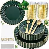 YOUBET 175PCS Green Scalloped Plastic Plates - Green and Gold Disposable Dinnerware Set Include 50 Plates, 75 Gold Silverware, 25 Cups, 25 Napkins for Party & Wedding