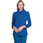 MULTIPLES Women's Petite 3/4 Bungee Sleeve 3-Button Shirred Collar Top, Peacock