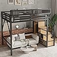 MoproBeti Full Size Loft Bed with Stairs, Metal Loft Beds Full with Storage Shelves, Adults Loft Bed with Wardrobe, Heavy Duty High Lofted Bed for Teens, No Box Spring Needed, No Noise, Black