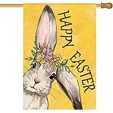 AVOIN colorlife Happy Easter Bunny House Flag 28x40 Inch Double Sided Outside, Rabbit Flower Yard Outdoor Decoration Yellow