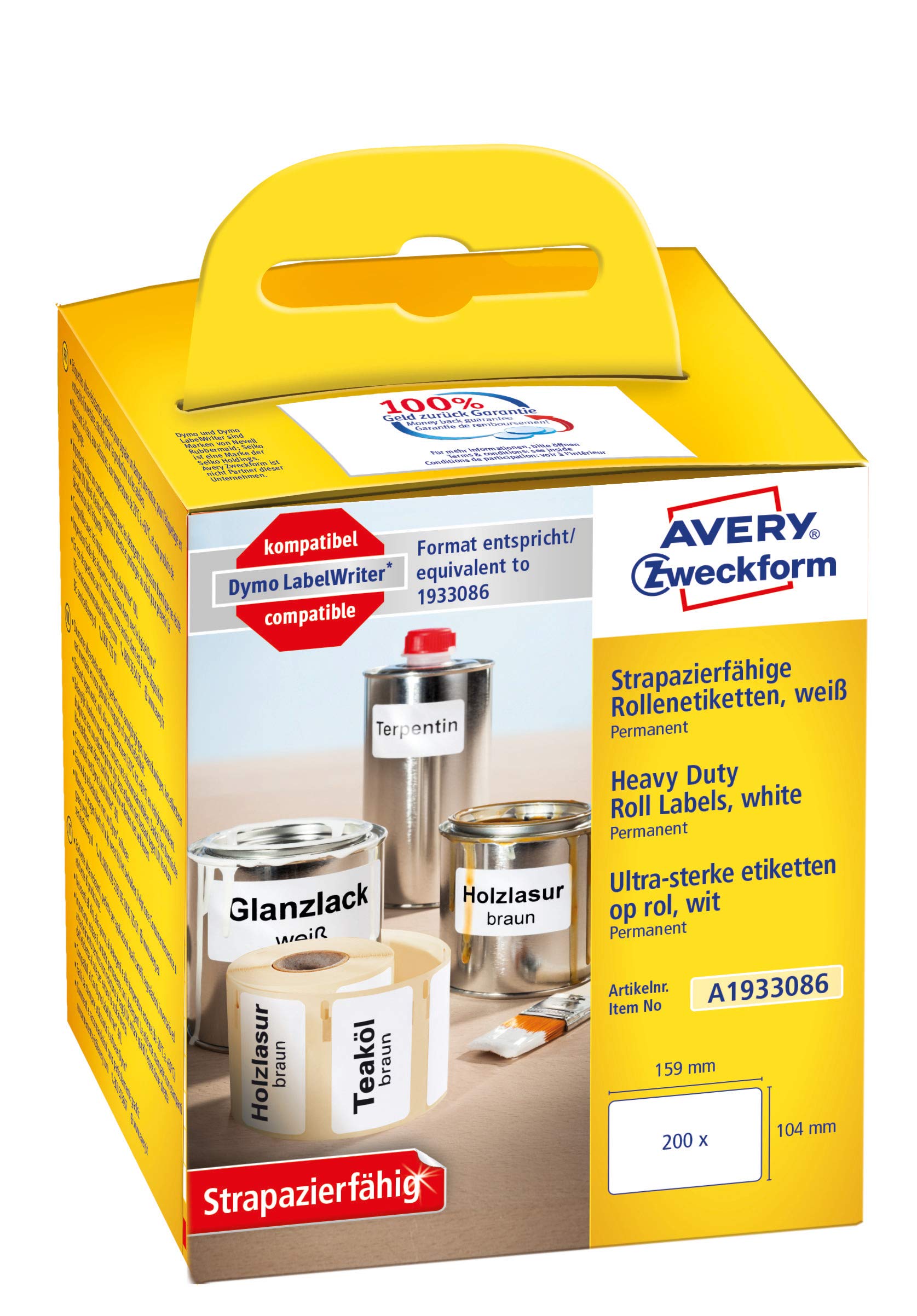 AVERY Zweckform A1933086 Foil Labels Extremely Strong Self-Adhesive 200 Stickers (104 x 159 mm, Compatible with Dymo LabelWriter, Equivalent to 1933086, Durable, Permanent Adhesive) 1 Roll White