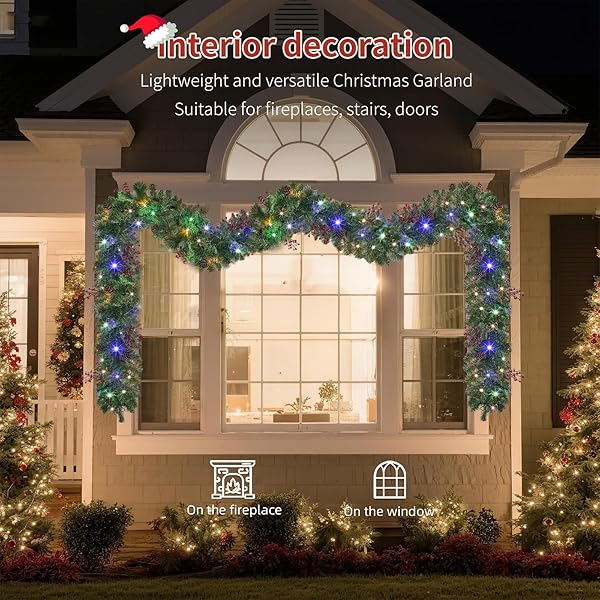 HOYECHI SET OF 2 PRELIT CHRISTMAS GARLANDS – 9FT EACH WITH 50 LED LIGHTS & RED BERRIES, BATTERY POWERED WITH 8 LIGHTING MODES, HOLIDAY GARLAND FOR STAIRS, FIREPLACE, DOOR FRAME